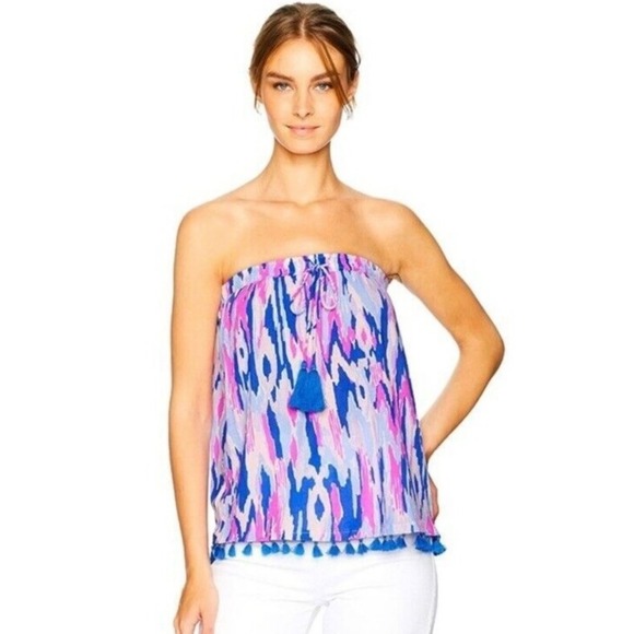 Lilly Pulitzer Palma Pink Blue Strapless Tube Top Skirt Fringe Hem Size Medium - Picture 1 of 7